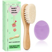 Wooden Baby Hair Brush and Cradle Brush Set with Soft Goat Bristles for