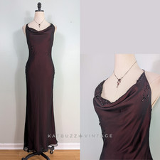 Vintage Silk Prom Dress Maxi Gown M Red Black Overlay Sheer Bead Fairy Goth Glam