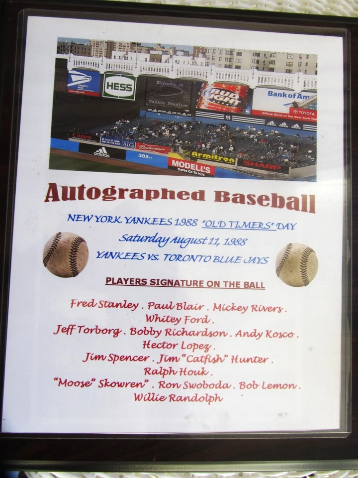 New York Yankees 1988 Old Timers Day béisbol firmado con placa [Whitey Ford Ect.] Foto 2 de 4