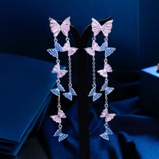 Classy Silver Plated CZ Women Extra Long Tassel Dangle Butterfly Charm Earrings