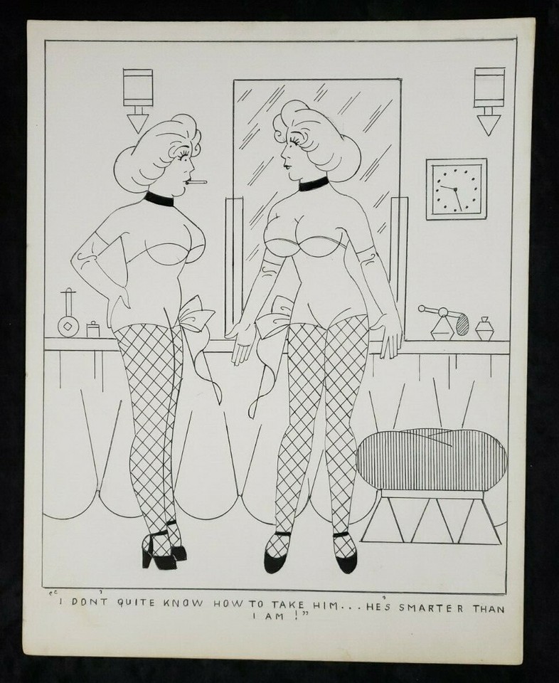 ORIGINAL ART Risque Showgirls Mag Cartoon VINTAGE 1940's 1950's Artist Unknown Comic Art