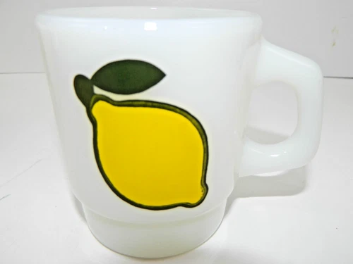 FIRE-KING ANCHOR HOCKING MILKGLASS FRUIT LEMON  MUG, OVEN PROOF VINTAGE
