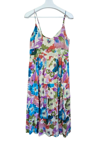 Pia Floral Tiered Beaded Empire Midi Dress Women XL Multi Lined Boho Cottagecore - Picture 9 of 16