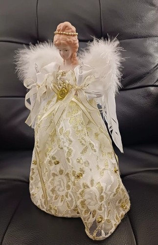 Kurt Adler UL 10-Light 12" Ivory Lace Sequin Feather Wing Gold Angel Treetop EUC - Picture 6 of 11