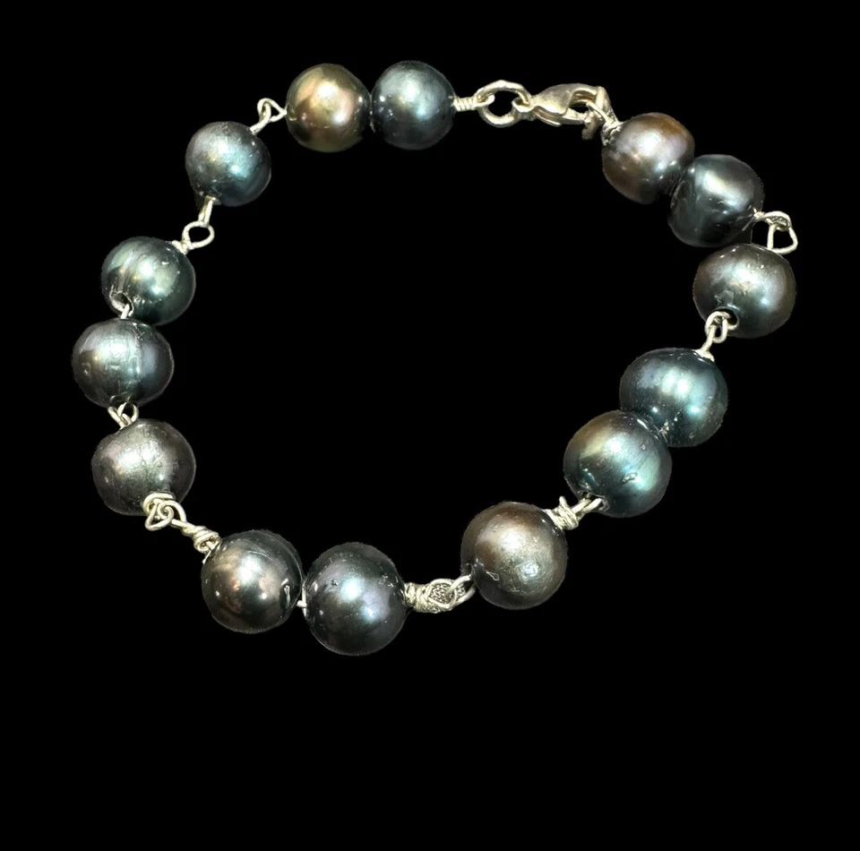 Pulsera de perlas azul medianoche cadena plateada 7 1/4 pulgadas Foto 3 de 4