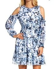 Eliza J Floral Printed Cold-Shoulder Sz. 2 A-line Dress (Blue/White) 151169