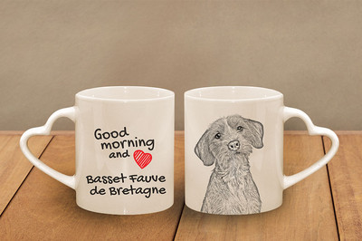 Basset Fauve de Bretagne - ceramic cup, mug ''Good morning and love, heart'', USA