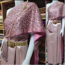 Thai Traditional Wedding Dress Cloth Skirt Custom Lotus Pink Accessories not