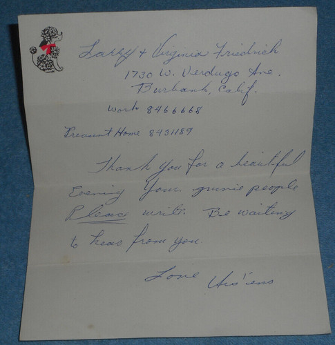 Vintage Handwritten Letter To Larry & Virginia Friedrich Burbank California CA