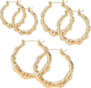 Authentic 3 Pairs Large Bamboo Earrings, 14K Gold Plated Hoop Bamboo Earrings | round Hoop
