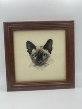 Vintage Framed Siamese Cat Needlepoint Cross Stitch Wall Art Handmade Home Decor