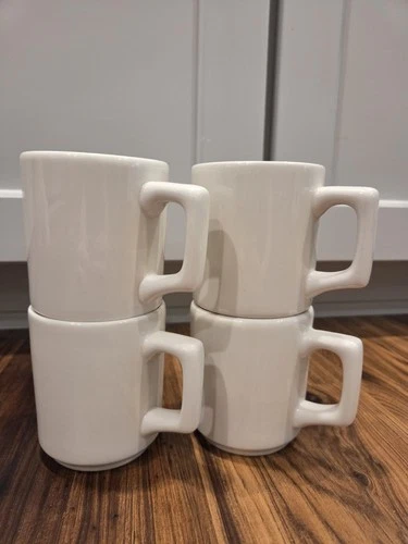 Vtg MCM Set 4 Buffalo China Diner Restaurant Ware Coffee Cups Mugs Square Handle