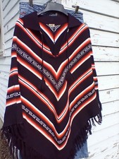 Vintage 1970s Poncho Mexican Serape Cape Aztec Chevron striped with fringe M/L