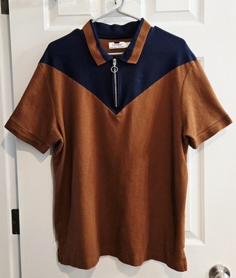 Topman Men's Colorblock Chevron Polo Shirt Rust Brown Navy Blue Size XXL 1/4 Zip
