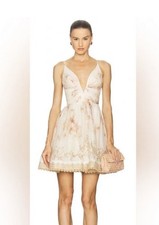 Zimmermann Hypnotic Plunge Neck Linen Silk Minidress Cream Peony AU3 US 10 $1550