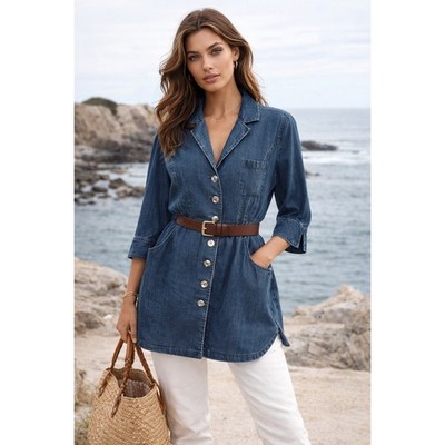 Soft Surroundings Denim Jacket Womens L Blue Tencel Coastal Chic Tunic Chambray