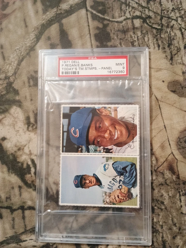 Ernie Banks/Regan 1971 Dell Today's Stamps 2 Card Panel 🔥PSA 9 Mint🔥Rare Pop 2 - Image 3 of 4