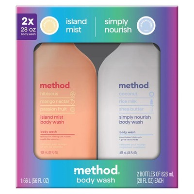 Method Body Wash 2Pk 28oz 1 Island Mist 1 Simply Nourish Plant Based Cleansers