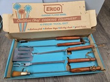 Vintage Ekco Barbecue 4 Pc Tool Set New In Box Fork Brush Turner Wood Handles