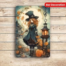 Little Witch and Black Cat Halloween Tin Metal Signs Home D cor 8x12