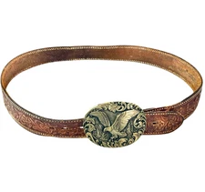VTG Hand Tooled Bovine Cowhide Belt Tan & ADM Solid Brass Eagle Buckle Mens 40