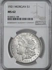 1921-P  $1  MORGAN SILVER DOLLAR  "PHILADELPHIA MINT"  NGC MS62 #8166012-108