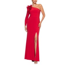 XSCAPE Red Evening Gown One Shoulder Ruffled Long Sleeve Column Dress Size 12P
