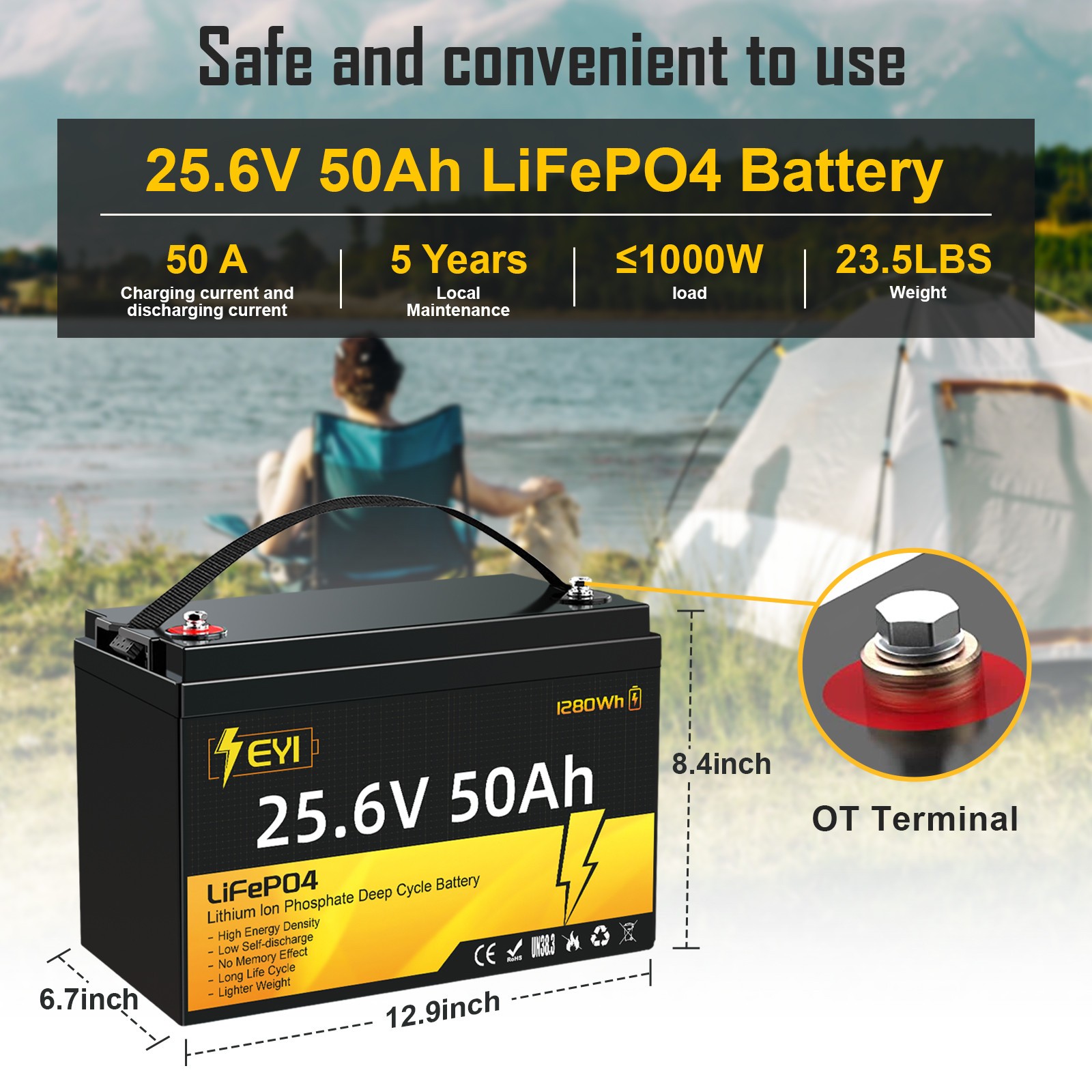 24V 50Ah Lithium Battery with 50A BMS, Max. 1280Wh Energy Capacity 5000 Deep Cyc. Available Now for $159.99
