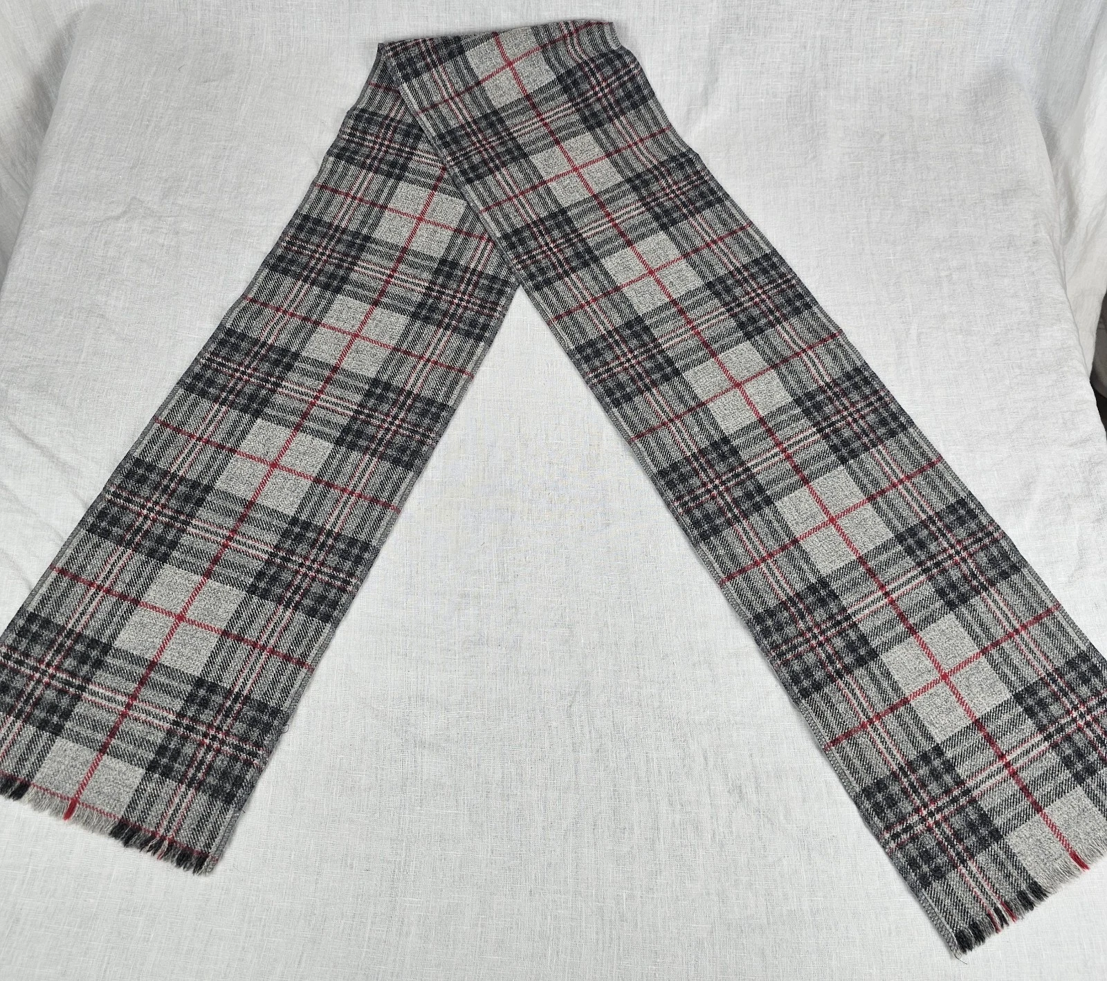 Vintage Pringle of Scotland 100% Wool Scarf Tartan Plaid 8x60" Gray Red Classic
