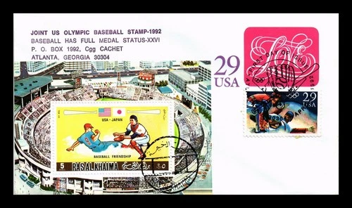 PASTED ON CACHET FIRST DAY COVER JOINT OLYMPIC BASEBALL STAMPS USA & JAPAN
