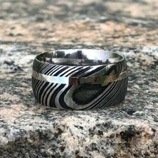 10mm Wide Damascus Steel Ring With 1.5mm 14k White Gold Inlay USA Made Wedding