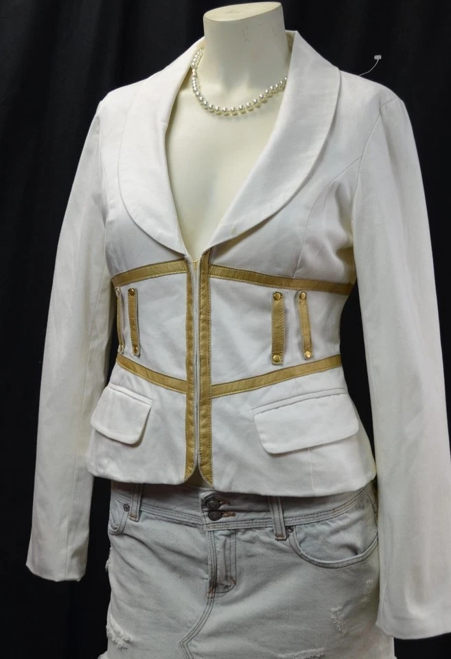 Arden B. Blazer light coat suit jacket cream stretch cotton gold faux leather XS — 第 2/4 张图片