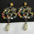 Vintage Gucci Multicolor Crystal GG Logo Earrings Faux Pearl Dangle Gold Tone — photo 3