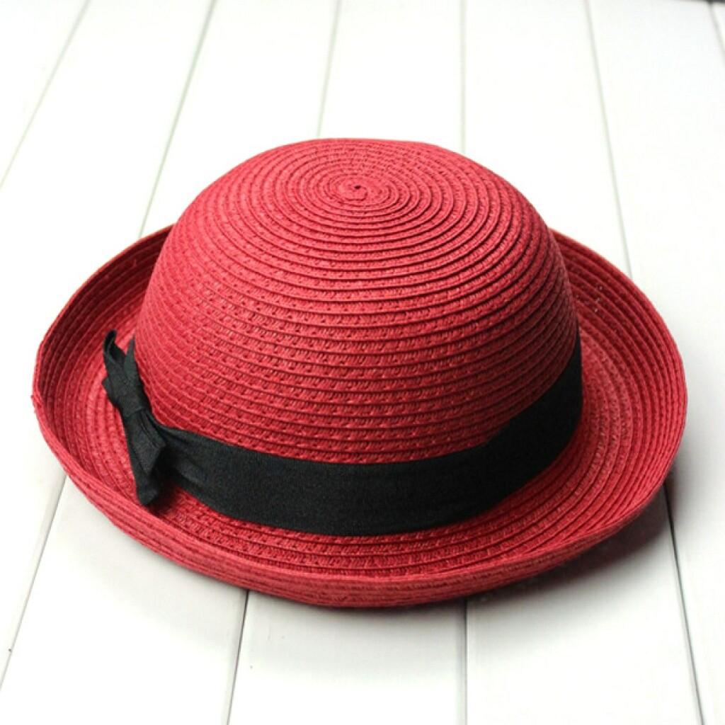 Women Bowknot Roll-up Hat Wide Brim Dome Straw Summer Sun  display picture 2