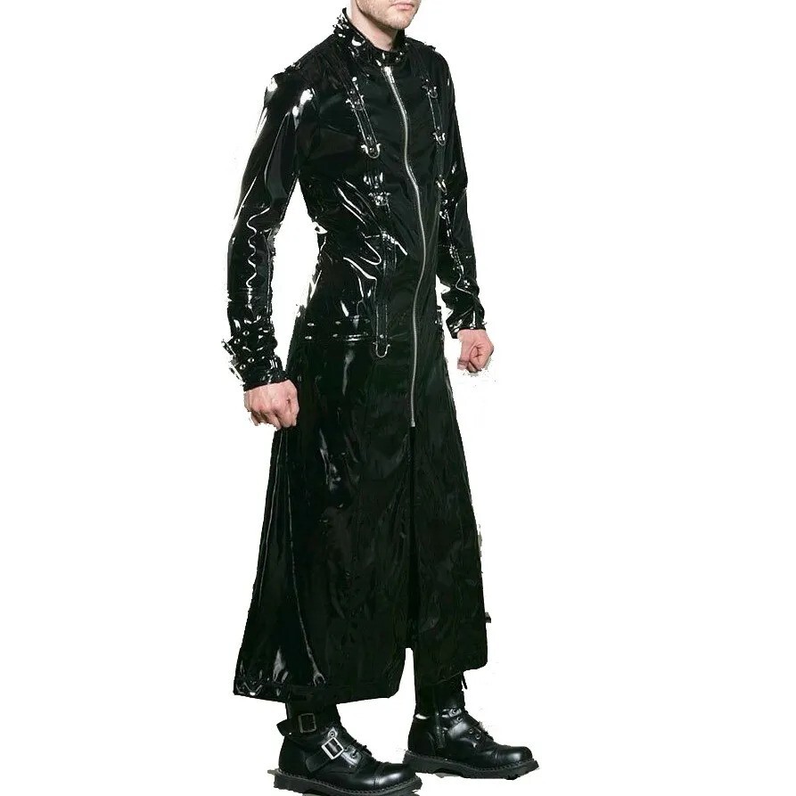 Black Vinyl Pvc Fetish Gothic Spike Stud Long Gothic Cosplay Trench ...