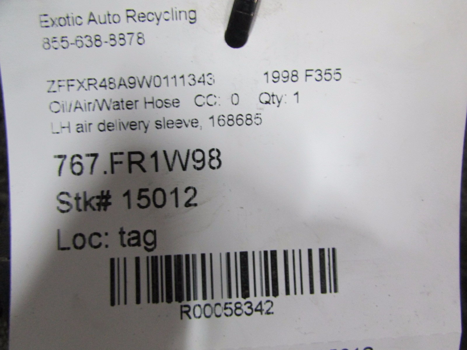 Ferrari F355, LH Left Air Delivery Sleeve, Used, P/N 168685