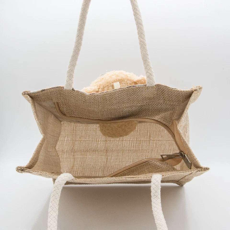 Bolso de mano de arpillera artesanal de diseño limitado con cremallera de yute osos muñeca bolsa de regalo 8X8X4 Foto 2 de 4