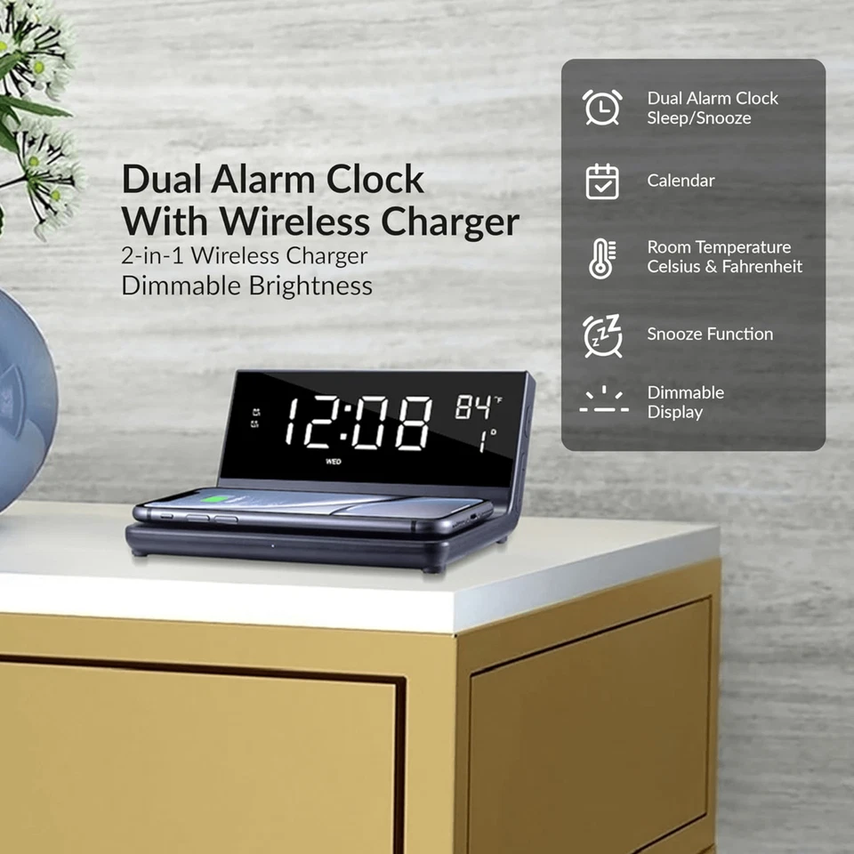 Supersonic Dual Alarm Clock with 2-in-1 Wireless Charger w 4 Brightness Levels - Image 4 of 4
