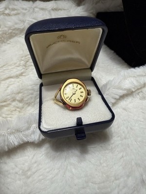 Rare Vintage Winding Bucherer Swiss Ring Watch Painted Flowers Gold Sz 10