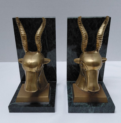 Vtg Pair Of Gazelle Ibex Antelope Brass Bookends MCM Sculpture Art-MARBLE STANDS