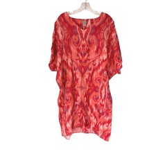 Chico's Linen Tunic Dress Pink Orange Watercolor Short Sleeve Lagenlook 12/14