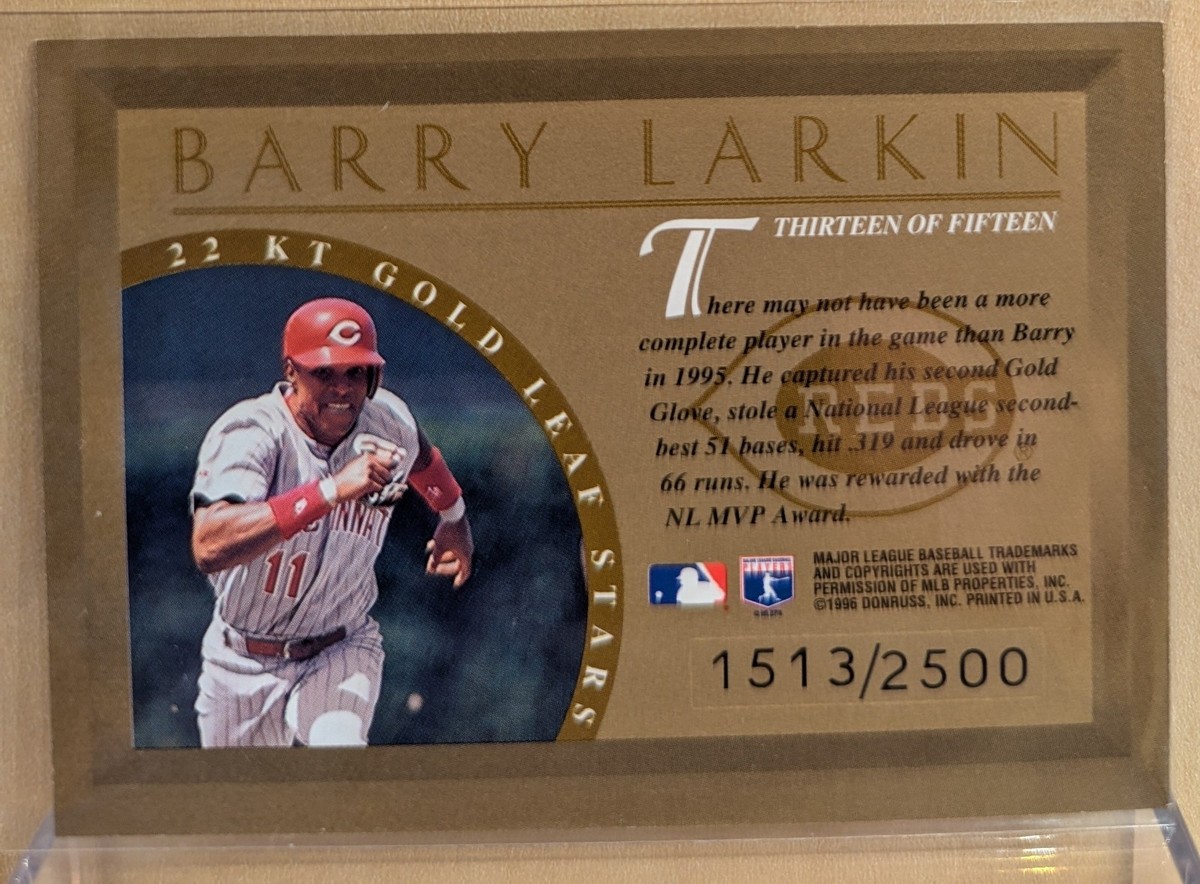 1996 Leaf GOLD STARS #13 Barry Larkin Reds HOF RARE REAL 22 KT