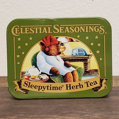 Vintage Celestial Seasonings Tin SLEEPYTIME Bear Herb Tea Green Metal Hinged