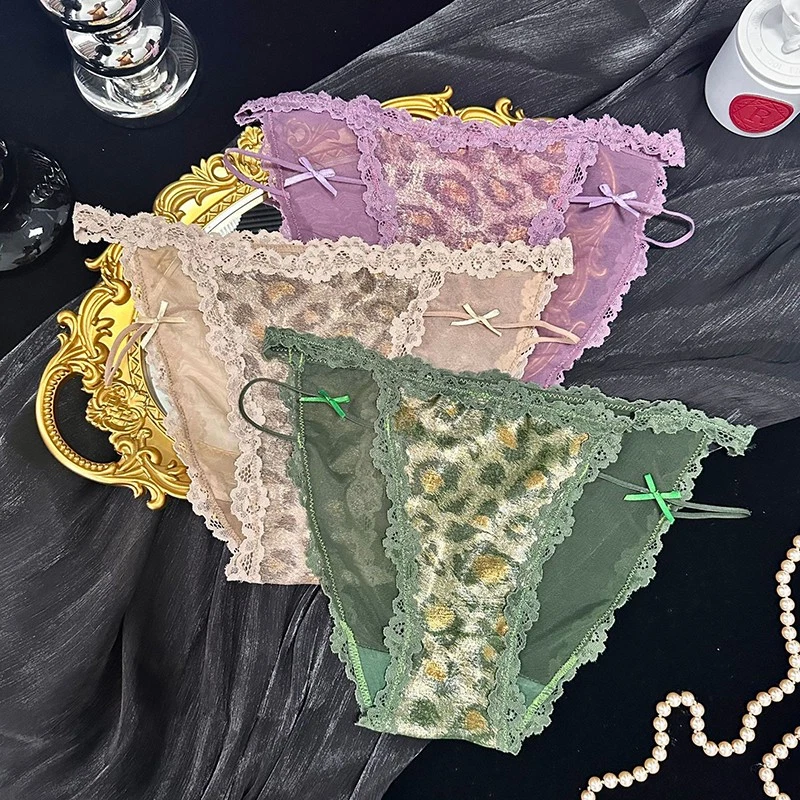 Paquete de 4 bragas sexy de leopardo para mujeres calzoncillos de encaje transparente ropa interior lencería bikini Foto 3 de 4