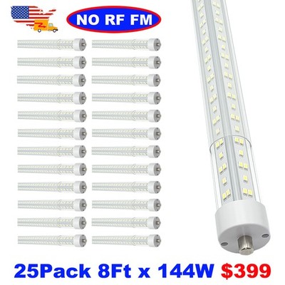 25 Pack 8 Foot LED Garage Lights Single Pin 144W 6500K 8 Ft LED Bulbs FA8 Base