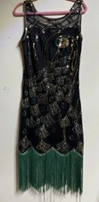 Babeyond Women's Sequin & Fringe Flapper Dress Size XL Black & Green Sleevless