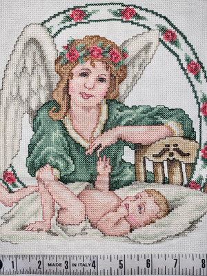 Hand Stitched Guardian Angel Grandma Watching Over Baby Cross Stitch Picture