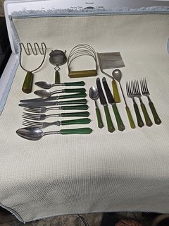 18 pieces Green Bakelite Utensils Spoon Knife Fork Cake Masher