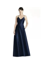 ALFRED SUNG Satin Maxi Dress Gown Size 0 Midnight Navy Pockets Formal Wedding