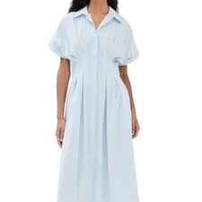Le Bop Womens Small Roberta Blue Gingham Cinched Waist Midi Shirt Dress